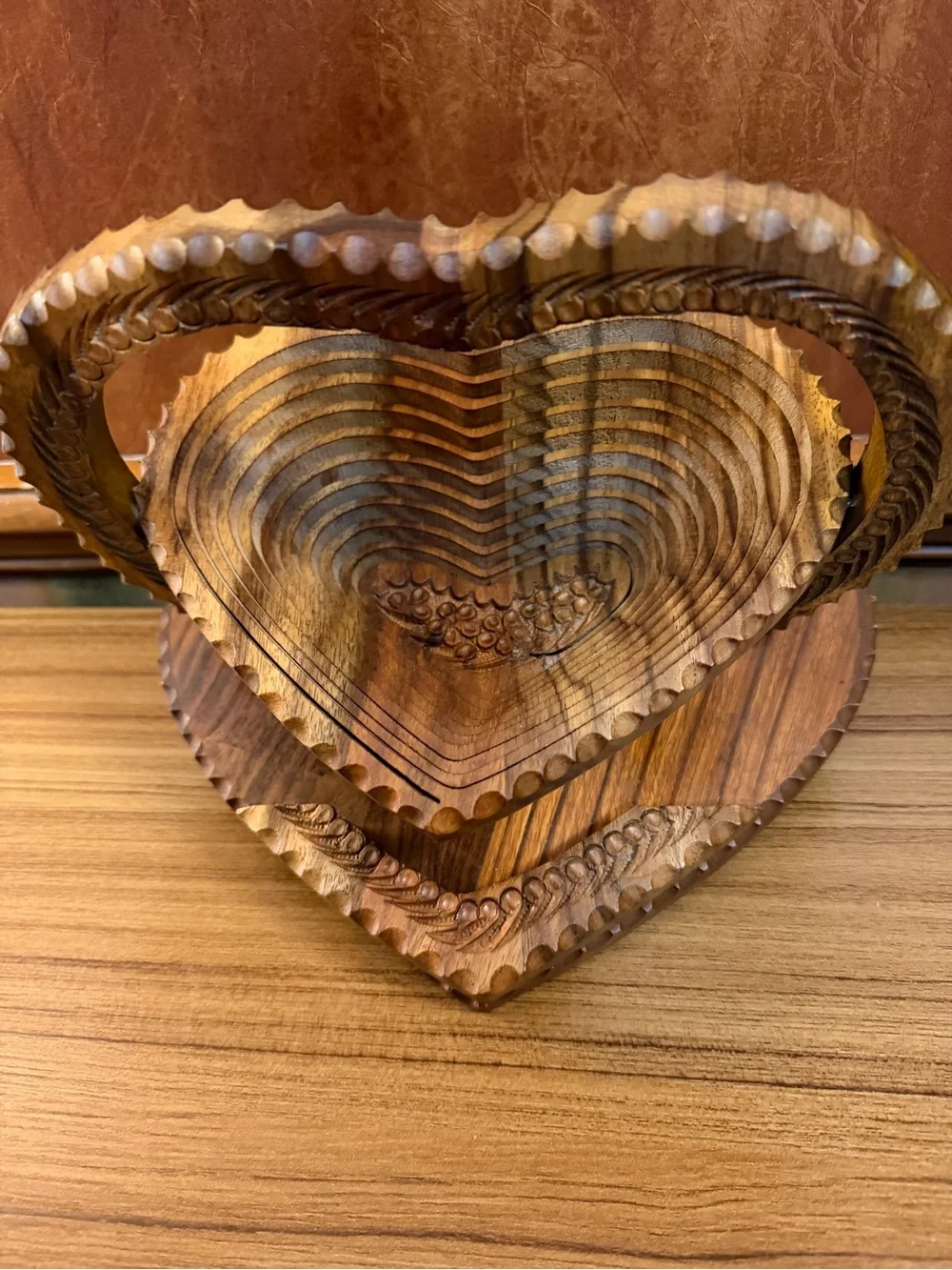 Vintage Hand Carved Sheesham Wood Collapsible Basket 10